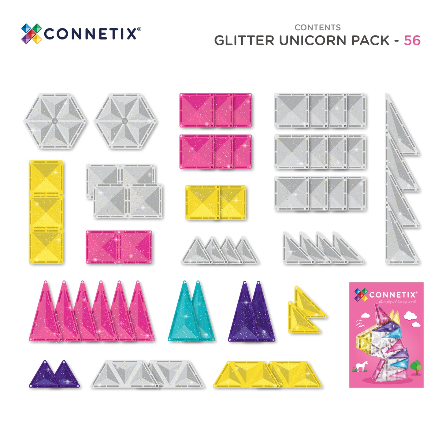 CONNETIX Magnetic Tiles Glitter Unicorn Pack 56 piezas