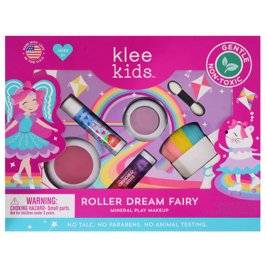 Children's makeup kit with various colorful cosmetics, including eyeshadow, cheek color, and lip gloss, with packaging featuring fairy and unicorn themes.