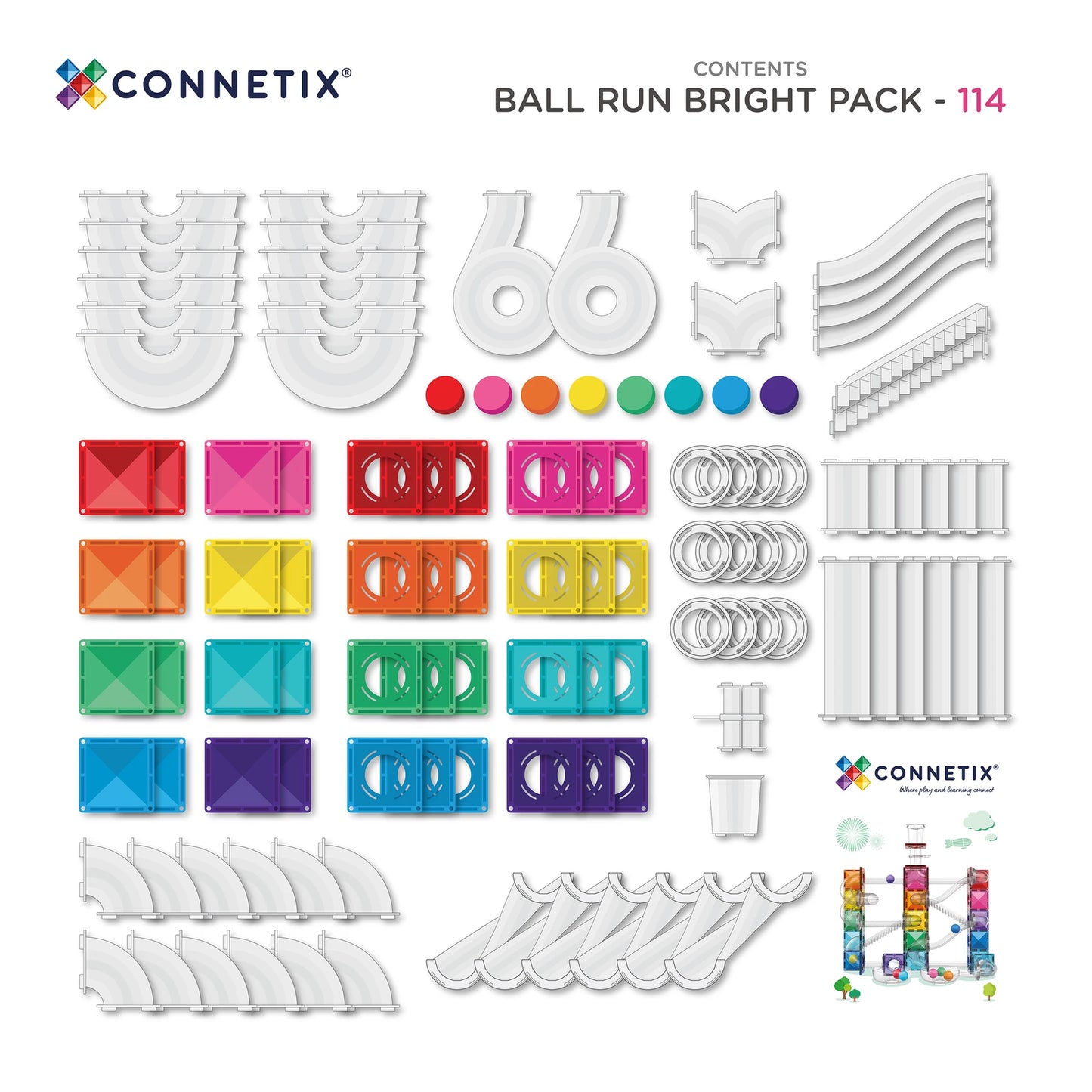 CONNETIX Magnetic Tiles Bright Ball Run Pack 114 Piezas